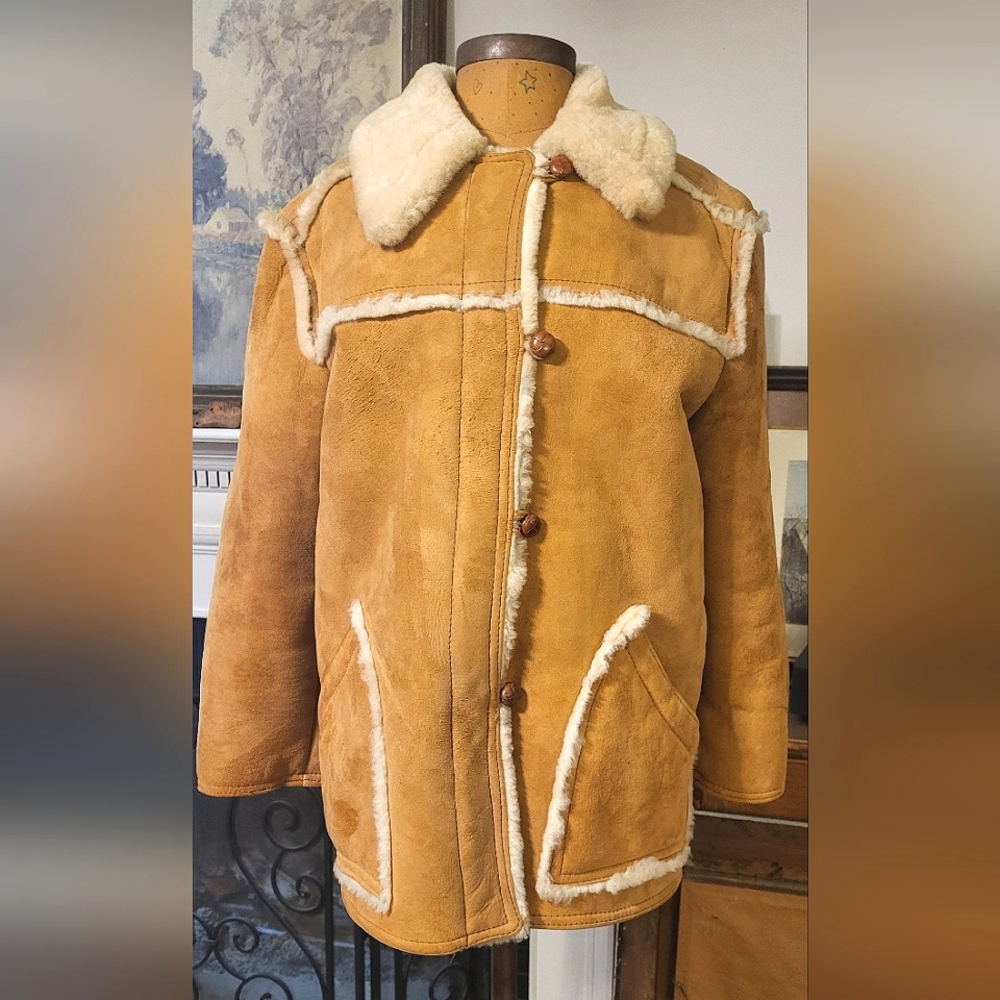 Vintage Women's Chestnut Suede and Cream Shearling Coat Size 16